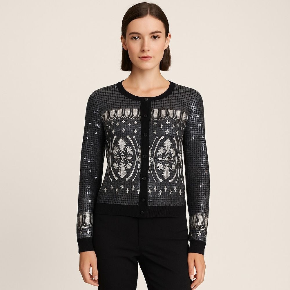 Revolve Tory Burch Black and Silver Sequin Cardigan Sweater Size M